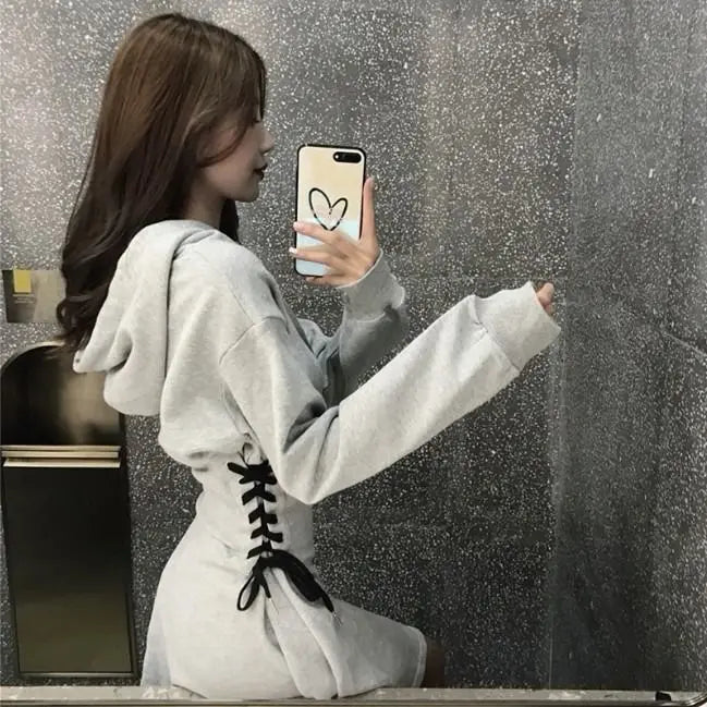 Long Sleeve Dress Women Gray Classy Slim Popular Stylish All-match Ins Criss-cross Mini Vintage Solid Hooded Empire Spring Daily