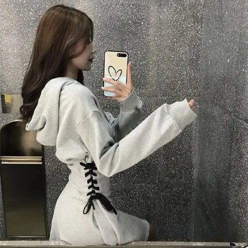 Long Sleeve Dress Women Gray Classy Slim Popular Stylish All-match Ins Criss-cross Mini Vintage Solid Hooded Empire Spring Daily