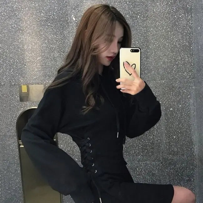 Long Sleeve Dress Women Gray Classy Slim Popular Stylish All-match Ins Criss-cross Mini Vintage Solid Hooded Empire Spring Daily