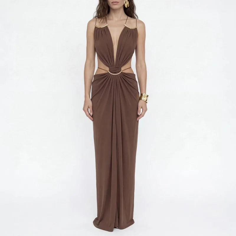 Women Elegant Halter Cutout Maxi Dress Sexy Deep V Neck Metal Chain Waist Long Dress Summer Sleeveless Backless Boho Party Dress