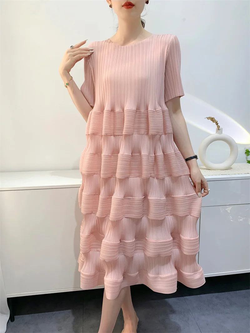 Miyake Pleated Dress Women's 2024 Spring New Fashion Design Solid Color Loose Large Size High Waist Splicing Cake Skirt