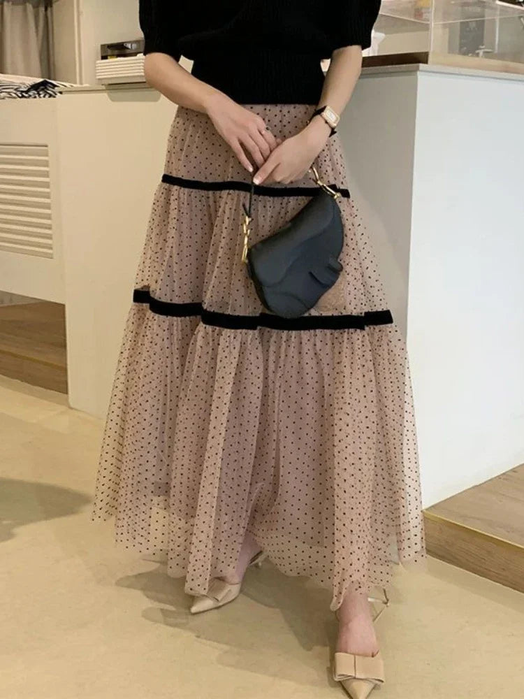 Korobov Polka Dot Gauze A-line Skirt Female Summer Temperament Shaggy Sweet Cake Long Dress Korean Fashion Faldas
