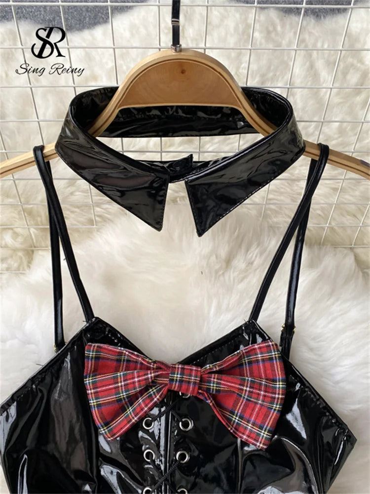 SINGREINY Lace Up Sexy Night Dress Strap Splice Porno Backless Sleepwear Nightwears+Thongs Ladies PU Leather Erotic Short Dress