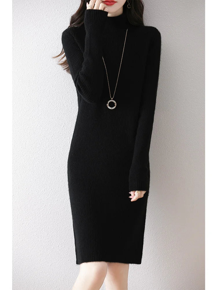 Women's Wool Short Dress Cashmere Turtleneck Pullover Sweater Autumn Winter  100% Merino Wool Knitwear Office Lady Basic Dress