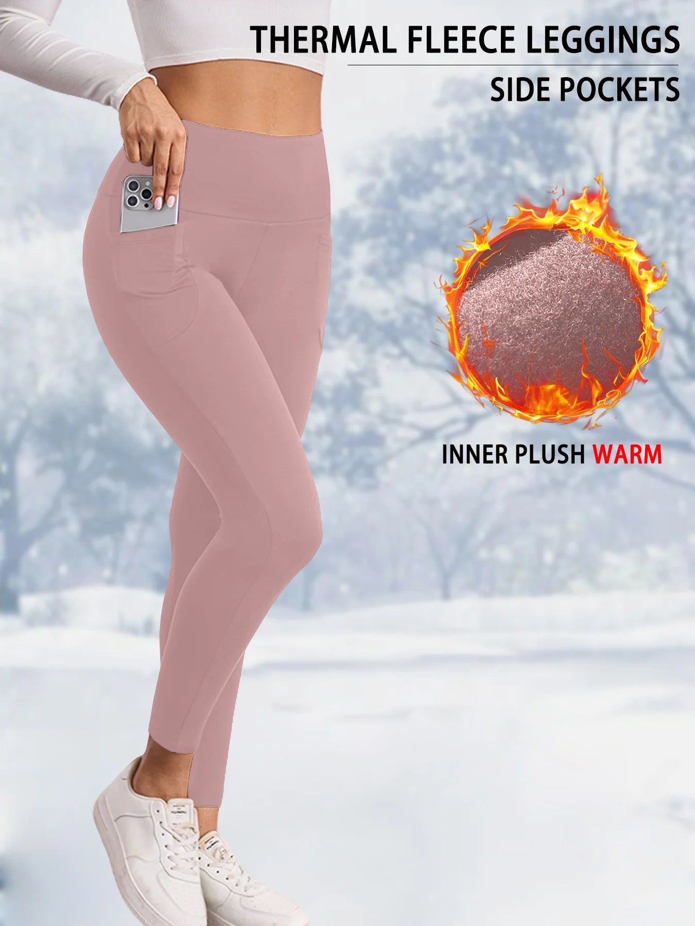 Womens Thermal Fleece Lined High Waisted With Pockets Leggings, Workout Winter Warm Thick Tights Soft Yoga Running Pants