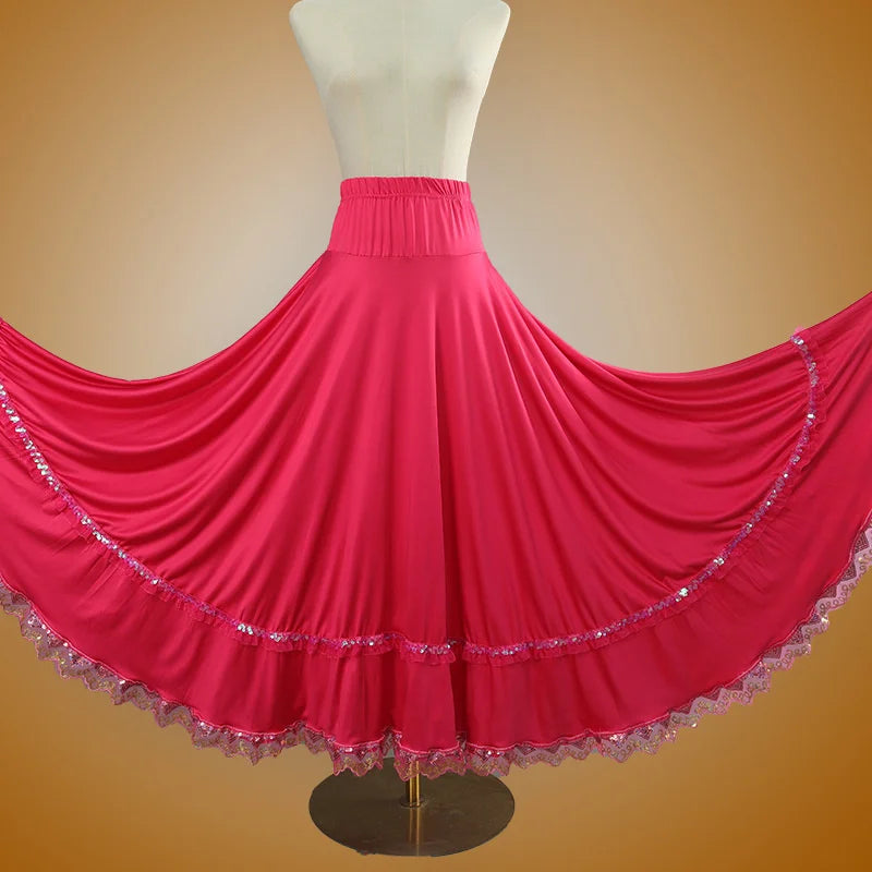 Elegant Square Danc Skirt Women National Style A-line Skirts Sequined Lace Milk Fiber Elastic-Waist Maxi Skirts 3 Kinds Lengths