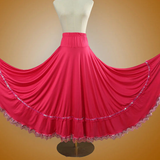 Elegant Square Danc Skirt Women National Style A-line Skirts Sequined Lace Milk Fiber Elastic-Waist Maxi Skirts 3 Kinds Lengths