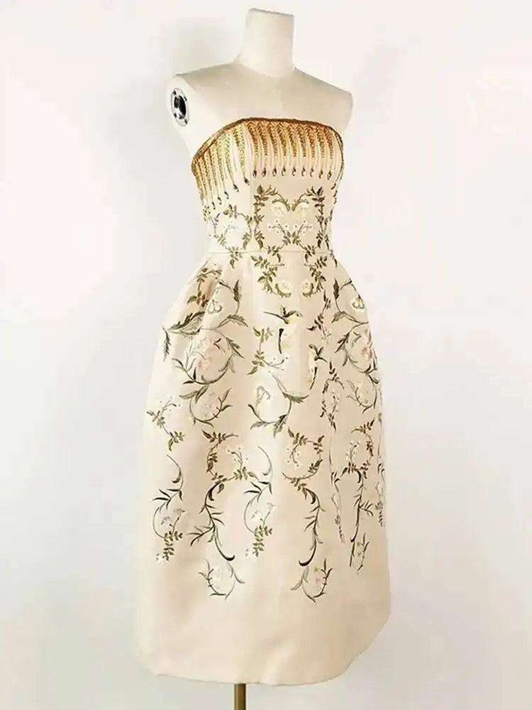 DEAT Elegant Dress Diamond Patchwork Strapless Embroidery Printing Slim Waist Women's Evening Dresses 2026 Summer New 13DB2053