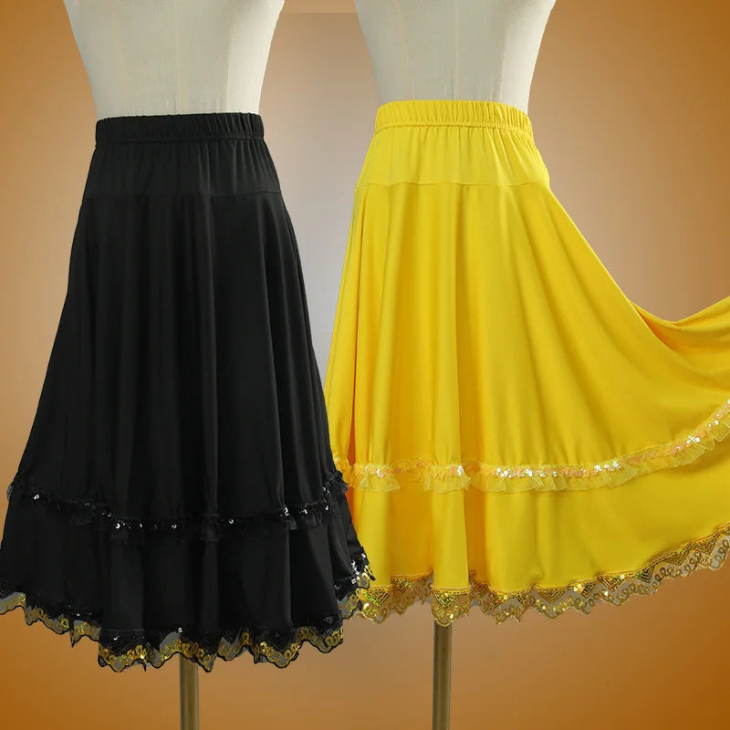 Elegant Square Danc Skirt Women National Style A-line Skirts Sequined Lace Milk Fiber Elastic-Waist Maxi Skirts 3 Kinds Lengths