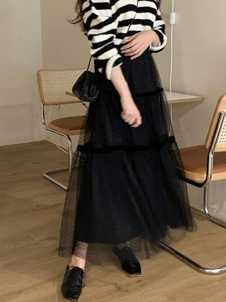 Korobov Polka Dot Gauze A-line Skirt Female Summer Temperament Shaggy Sweet Cake Long Dress Korean Fashion Faldas