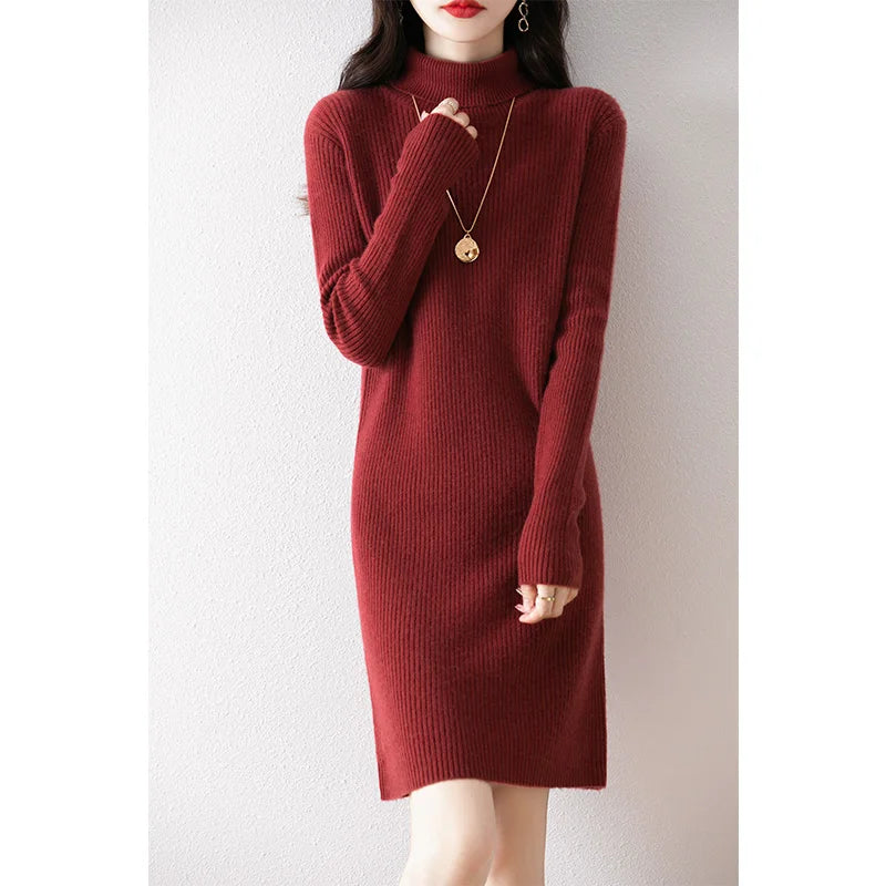 Women's Wool Short Dress Cashmere Turtleneck Pullover Sweater Autumn Winter  100% Merino Wool Knitwear Office Lady Basic Dress