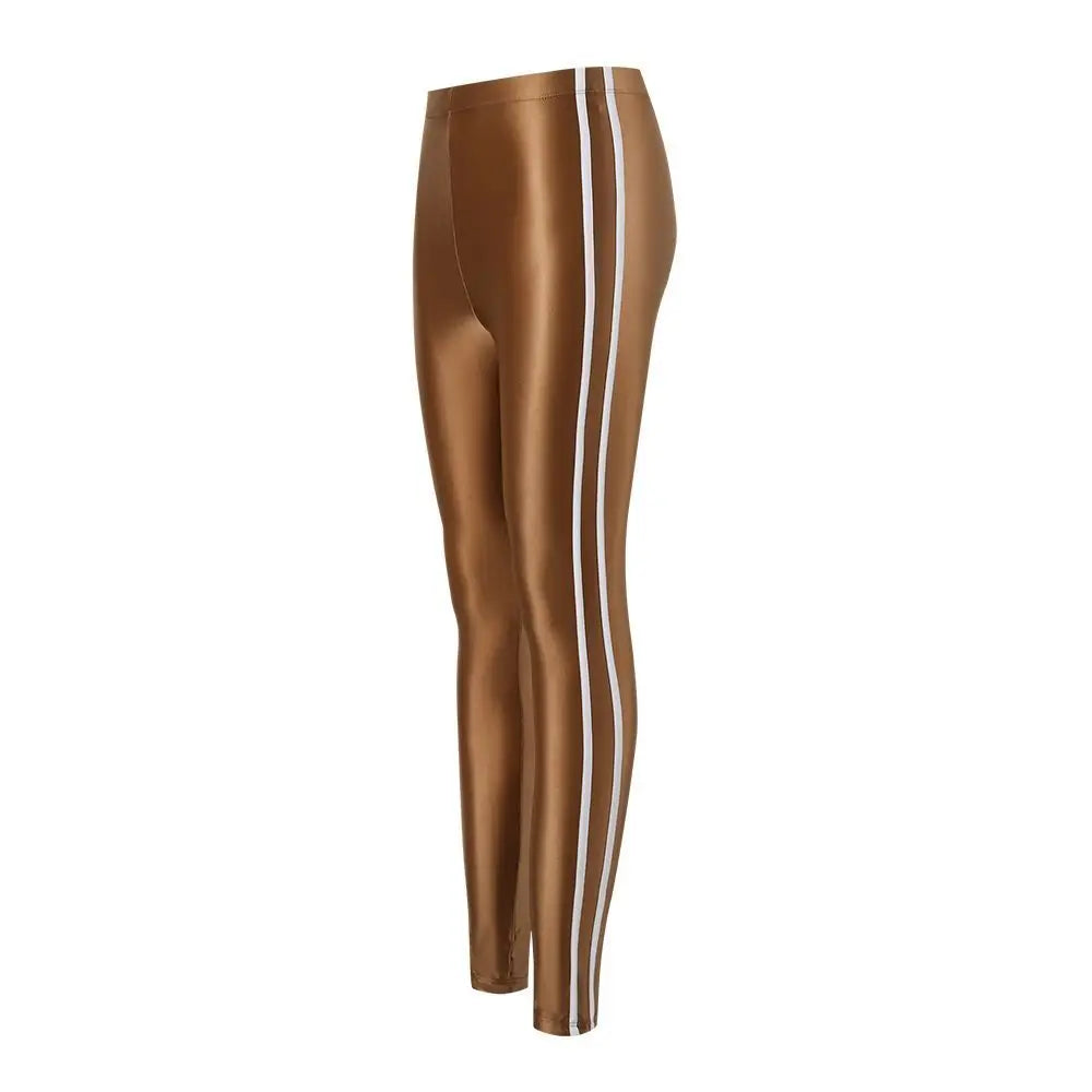 Glossy striped leggings pants High waist women Sexy slim seam workout leggings