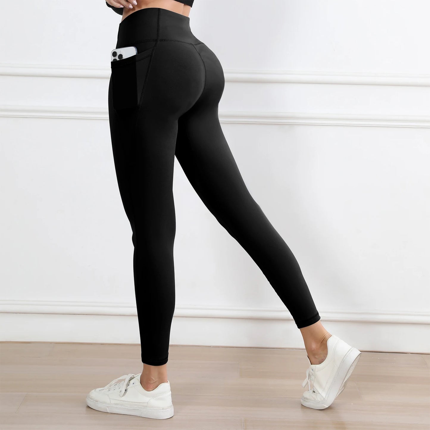 Women Leggings with Pockets Solid Color High Waist Butt Lifting Workout Tights Slim Elastic Pants Casual Wear