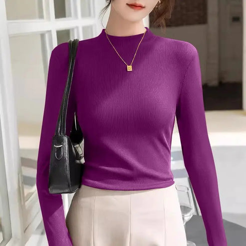 Autumn and Winter Double-sided Grinding Half-high Neck Thread Base Shirt for Women New Versatile Style Warm Long Sleeves