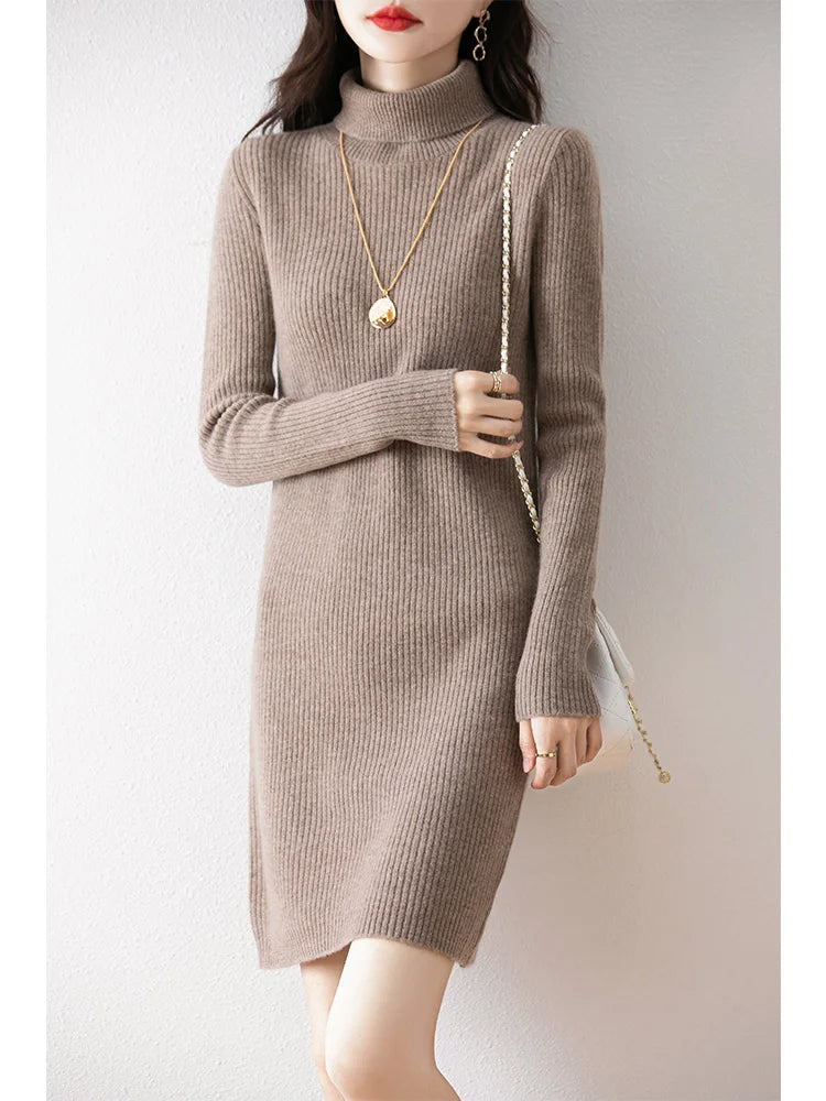 Women's Wool Short Dress Cashmere Turtleneck Pullover Sweater Autumn Winter  100% Merino Wool Knitwear Office Lady Basic Dress