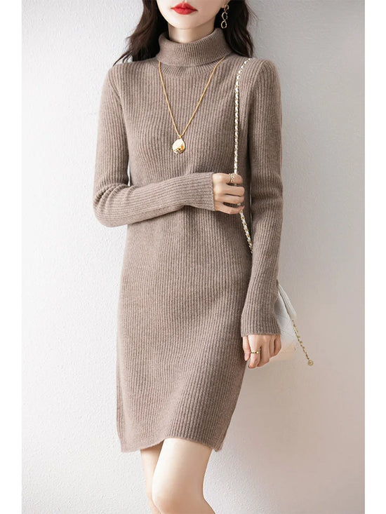 Women's Wool Short Dress Cashmere Turtleneck Pullover Sweater Autumn Winter  100% Merino Wool Knitwear Office Lady Basic Dress