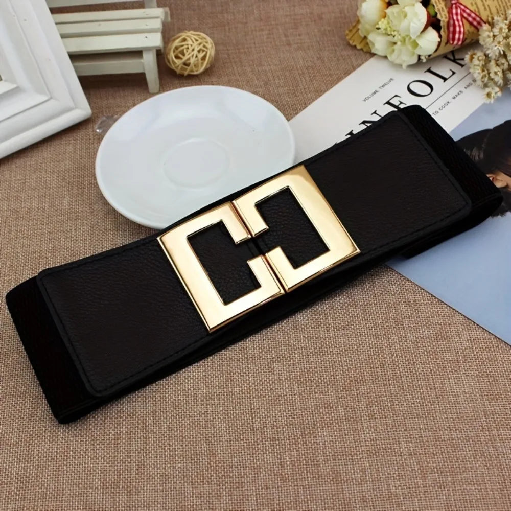 Fashion Geometric Buckle Wide Belt Black Casual Elastic Belt Elegant Dress Coat Belt Women