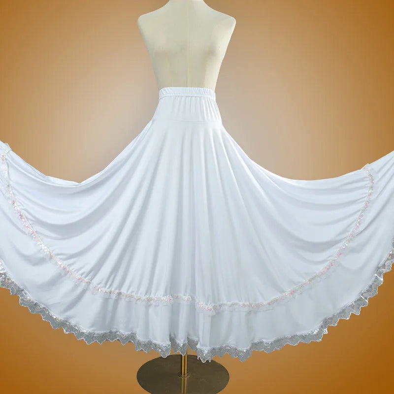 Elegant Square Danc Skirt Women National Style A-line Skirts Sequined Lace Milk Fiber Elastic-Waist Maxi Skirts 3 Kinds Lengths