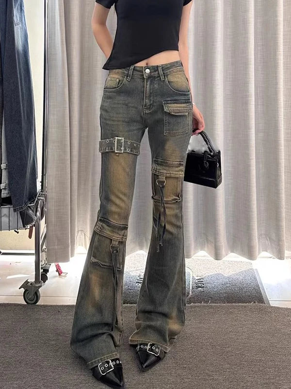 American High Street Spicy Girl Patchwork Workwear Jeans Women's Spring New Retro Wa Design Micro Flared Long Trousers