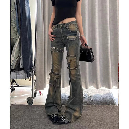 American High Street Spicy Girl Patchwork Workwear Jeans Women's Spring New Retro Wa Design Micro Flared Long Trousers