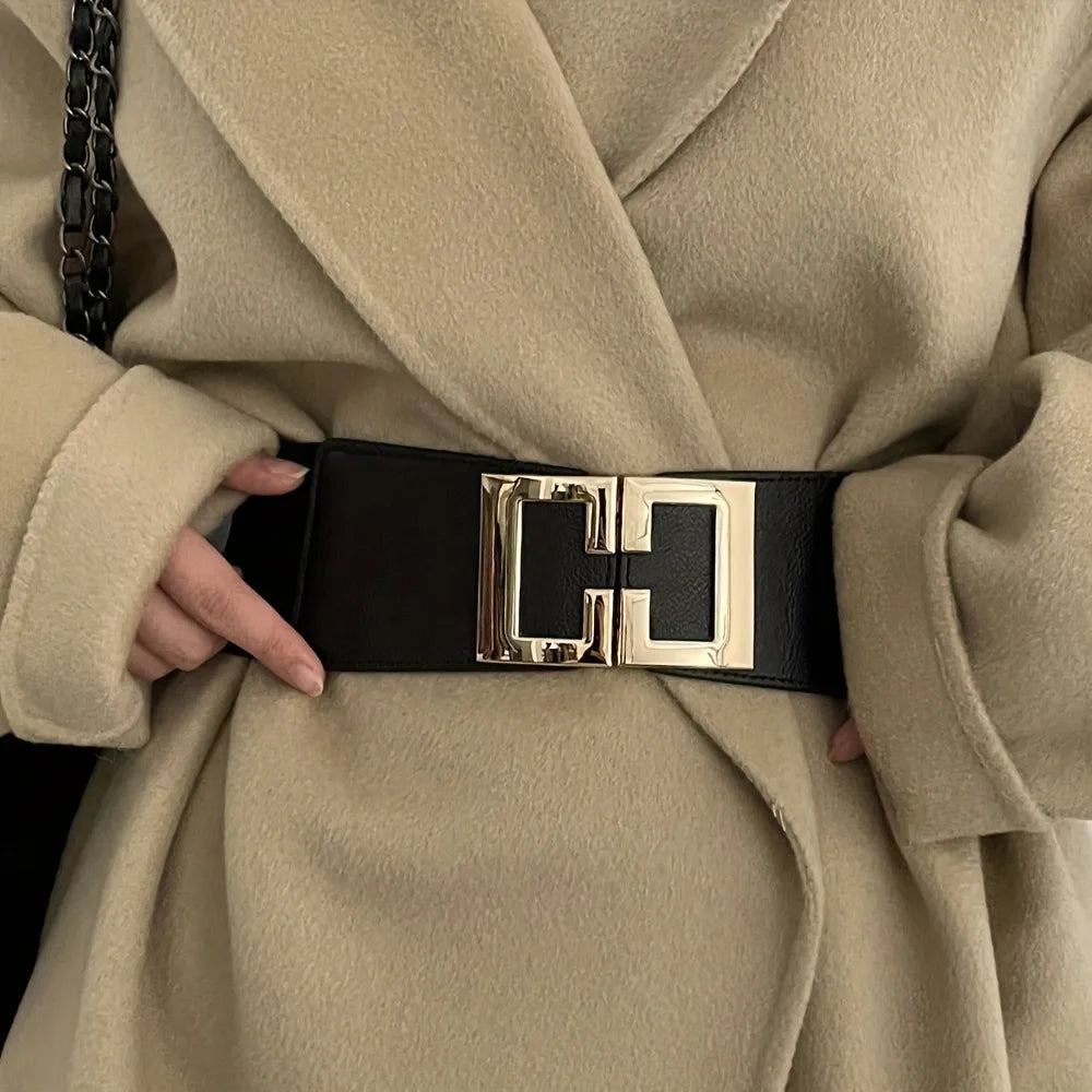 Fashion Geometric Buckle Wide Belt Black Casual Elastic Belt Elegant Dress Coat Belt Women