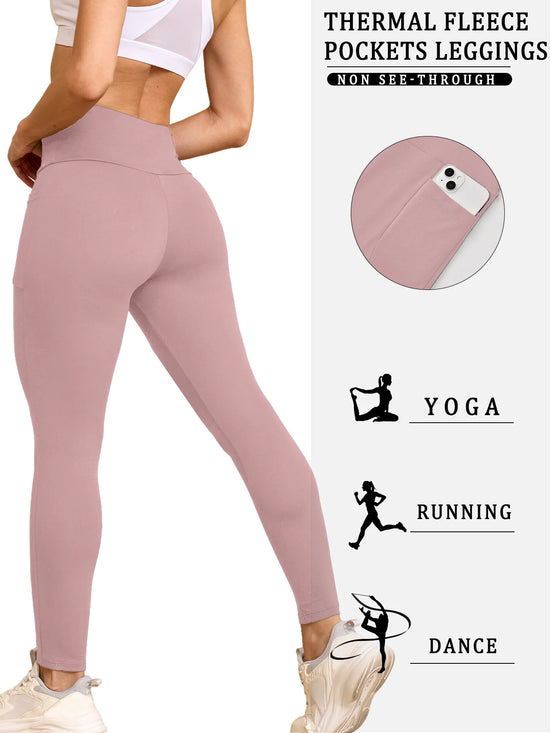 Womens Thermal Fleece Lined High Waisted With Pockets Leggings, Workout Winter Warm Thick Tights Soft Yoga Running Pants