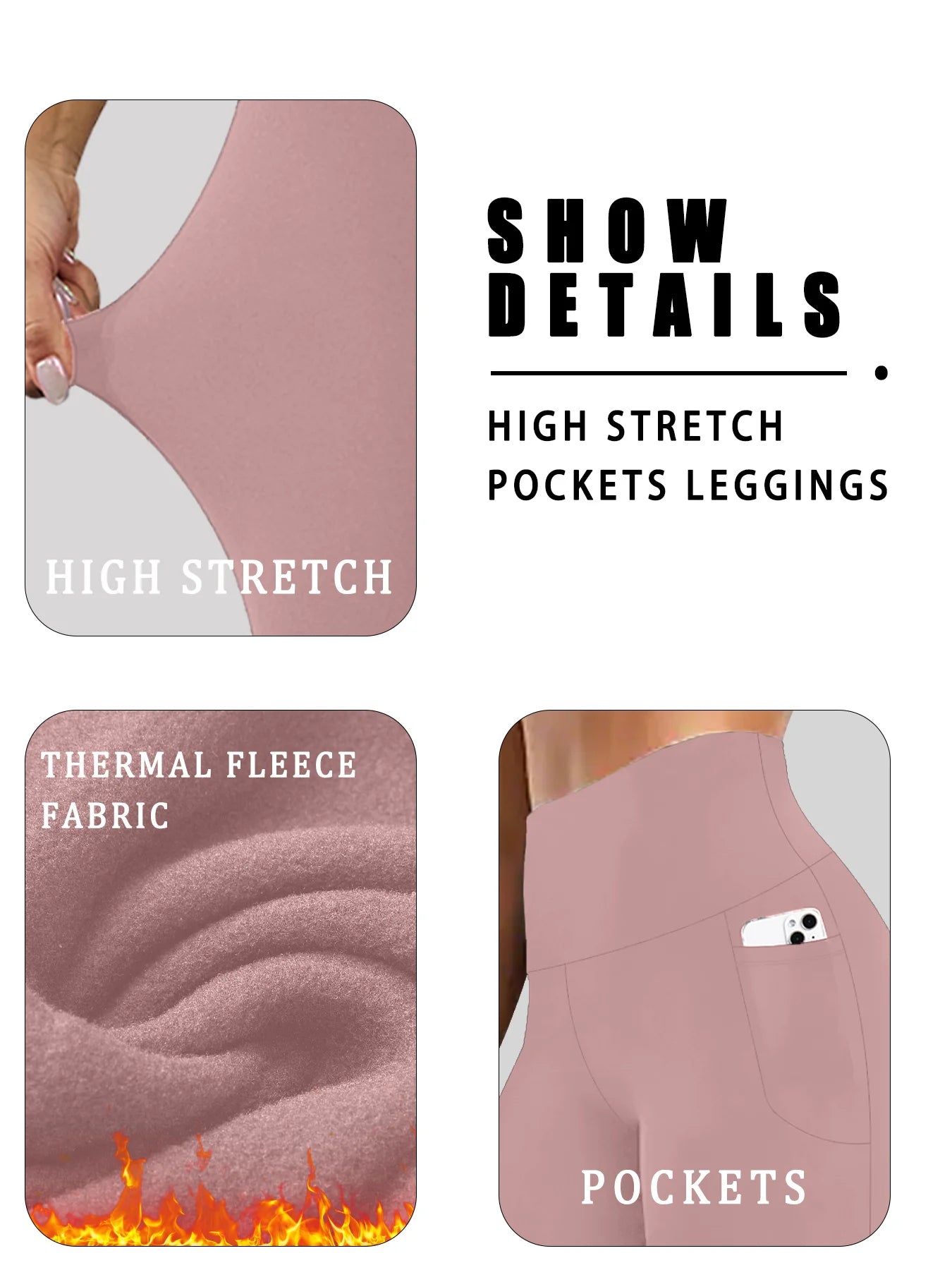 Womens Thermal Fleece Lined High Waisted With Pockets Leggings, Workout Winter Warm Thick Tights Soft Yoga Running Pants