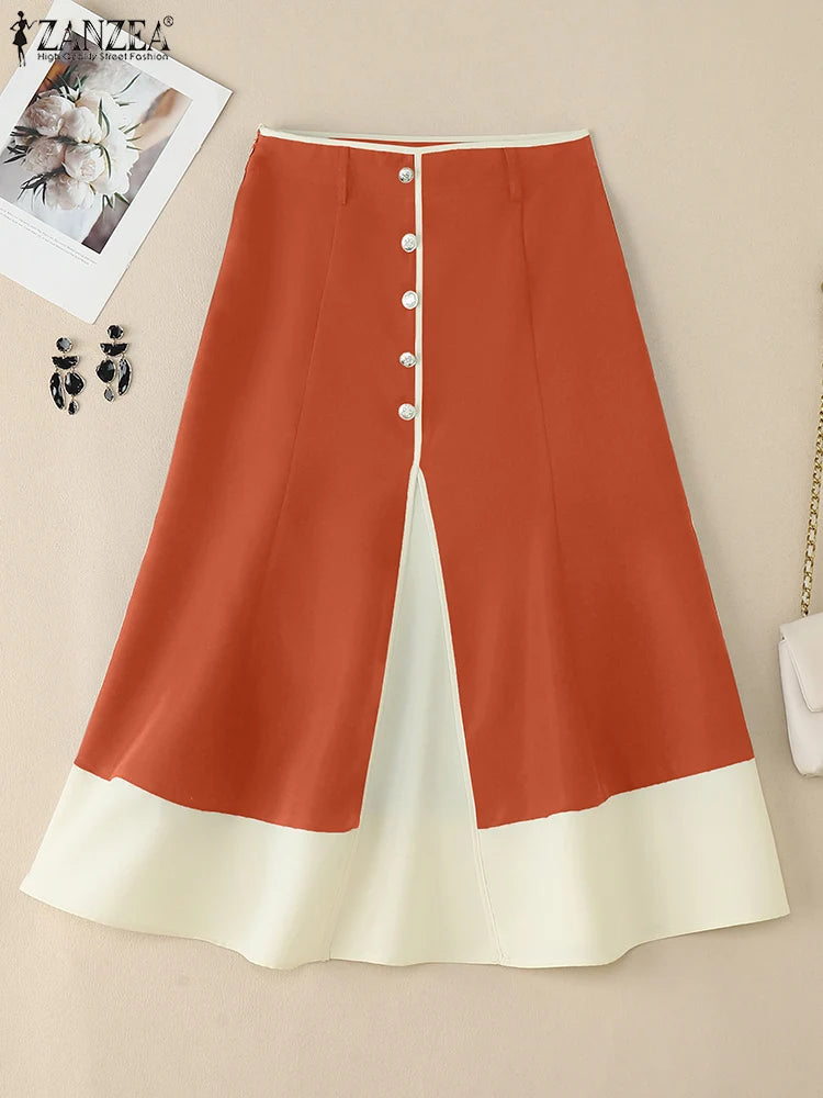 Elegant Office Skirts ZANZEA Women High Waist Patchwork Jupe 2025 Autumn Midi Skirt Robe Elegant A-line OL Work Faldas Saia