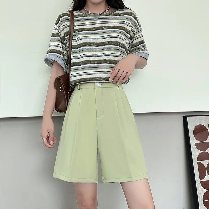 White Suit Shorts Women Summer Thin A-Line Casual Wide Leg High Waist Straight Five Pants