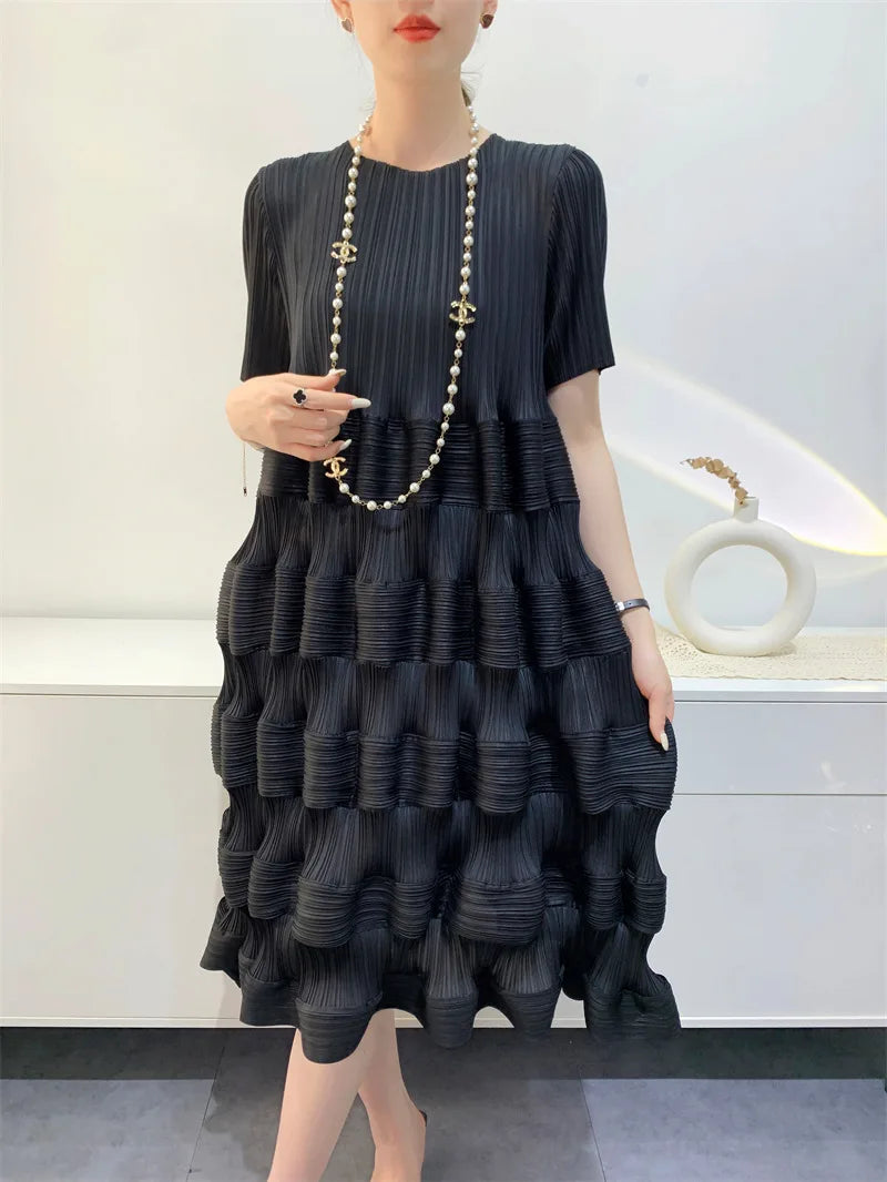 Miyake Pleated Dress Women's 2024 Spring New Fashion Design Solid Color Loose Large Size High Waist Splicing Cake Skirt