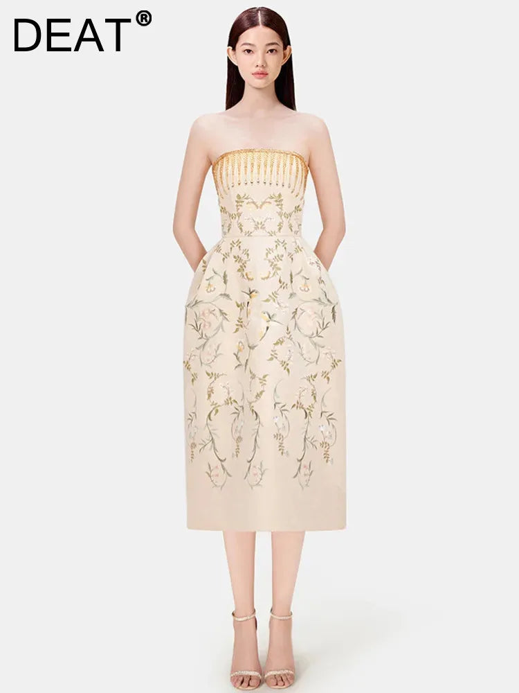 DEAT Elegant Dress Diamond Patchwork Strapless Embroidery Printing Slim Waist Women's Evening Dresses 2026 Summer New 13DB2053