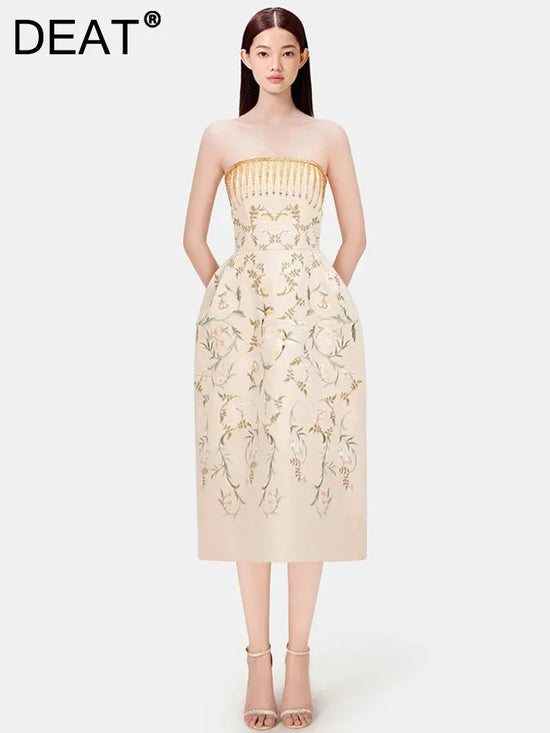 DEAT Elegant Dress Diamond Patchwork Strapless Embroidery Printing Slim Waist Women's Evening Dresses 2026 Summer New 13DB2053