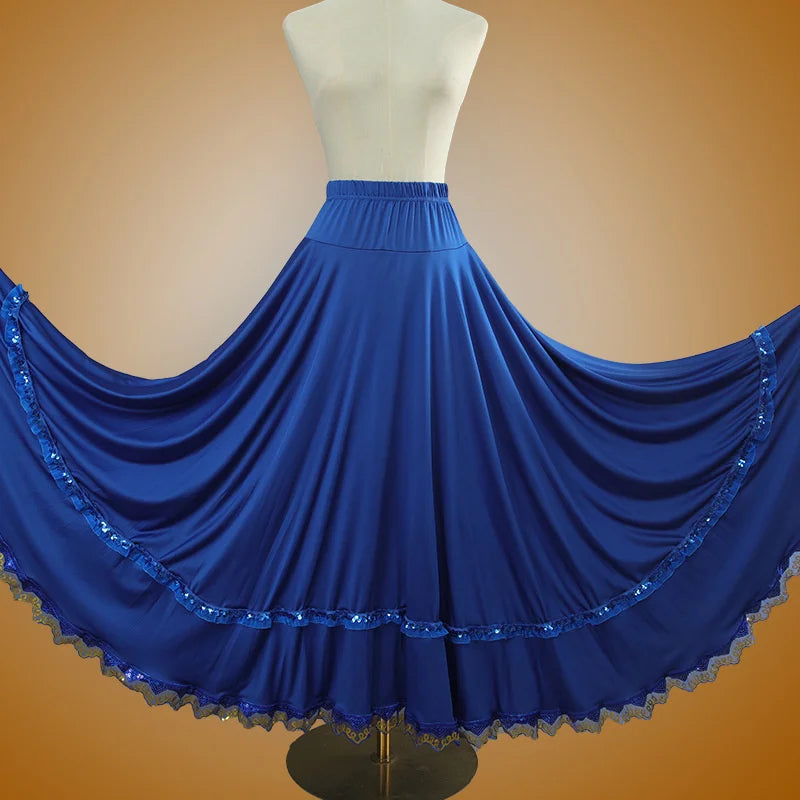 Elegant Square Danc Skirt Women National Style A-line Skirts Sequined Lace Milk Fiber Elastic-Waist Maxi Skirts 3 Kinds Lengths