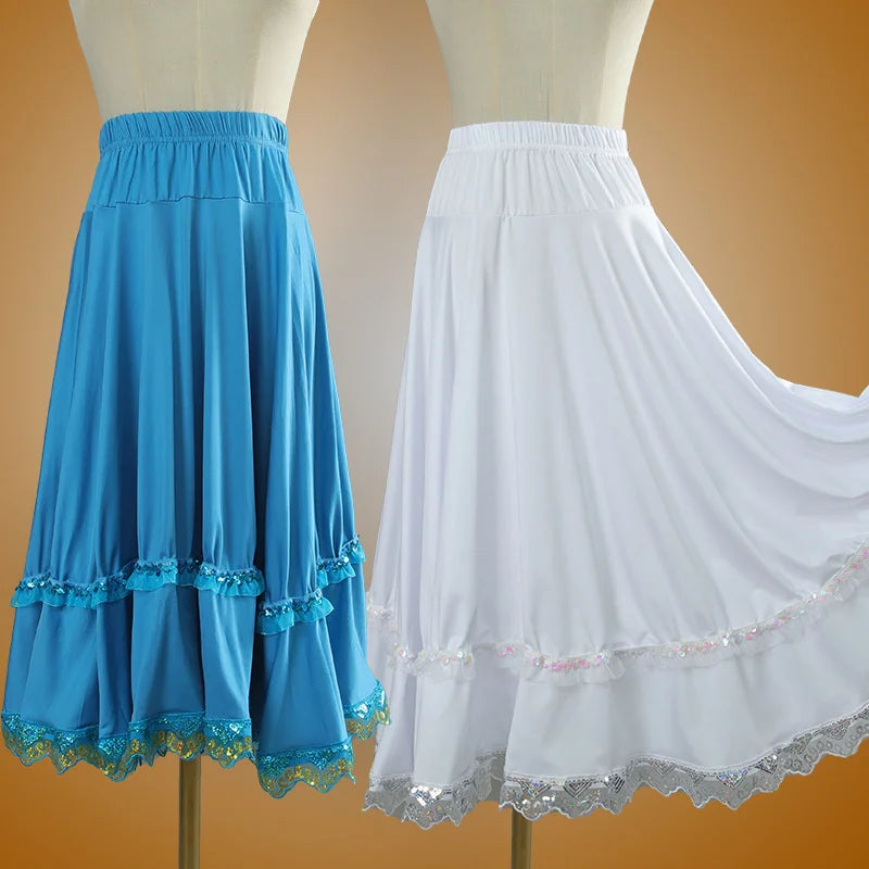 Elegant Square Danc Skirt Women National Style A-line Skirts Sequined Lace Milk Fiber Elastic-Waist Maxi Skirts 3 Kinds Lengths