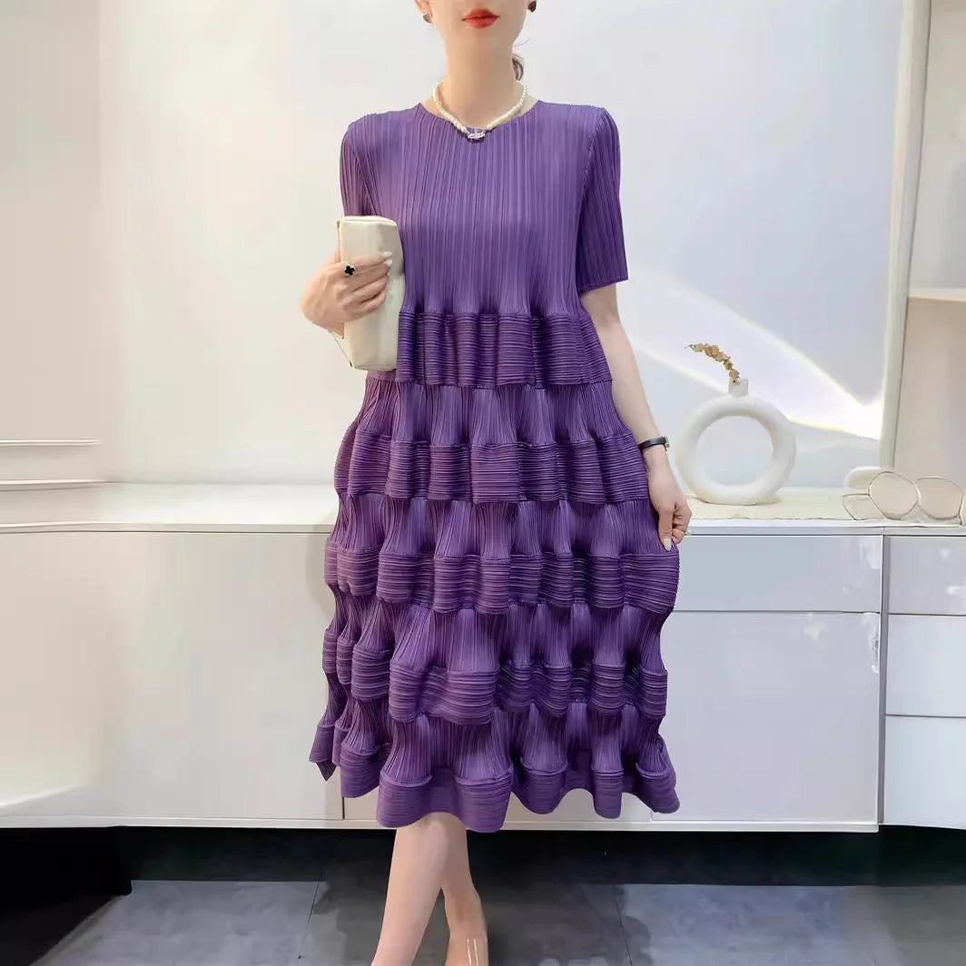 Miyake Pleated Dress Women's 2024 Spring New Fashion Design Solid Color Loose Large Size High Waist Splicing Cake Skirt