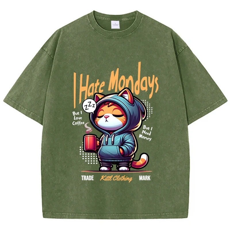 Fashion Woman Washed T-Shirts Cute Cartoons Cat Print Tee Shirts Cotton Distressed Oversize Crewneck Tops Street Female Clothes