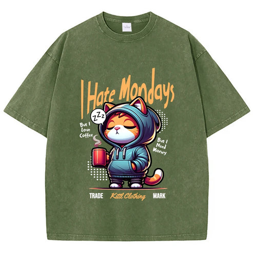 Fashion Woman Washed T-Shirts Cute Cartoons Cat Print Tee Shirts Cotton Distressed Oversize Crewneck Tops Street Female Clothes