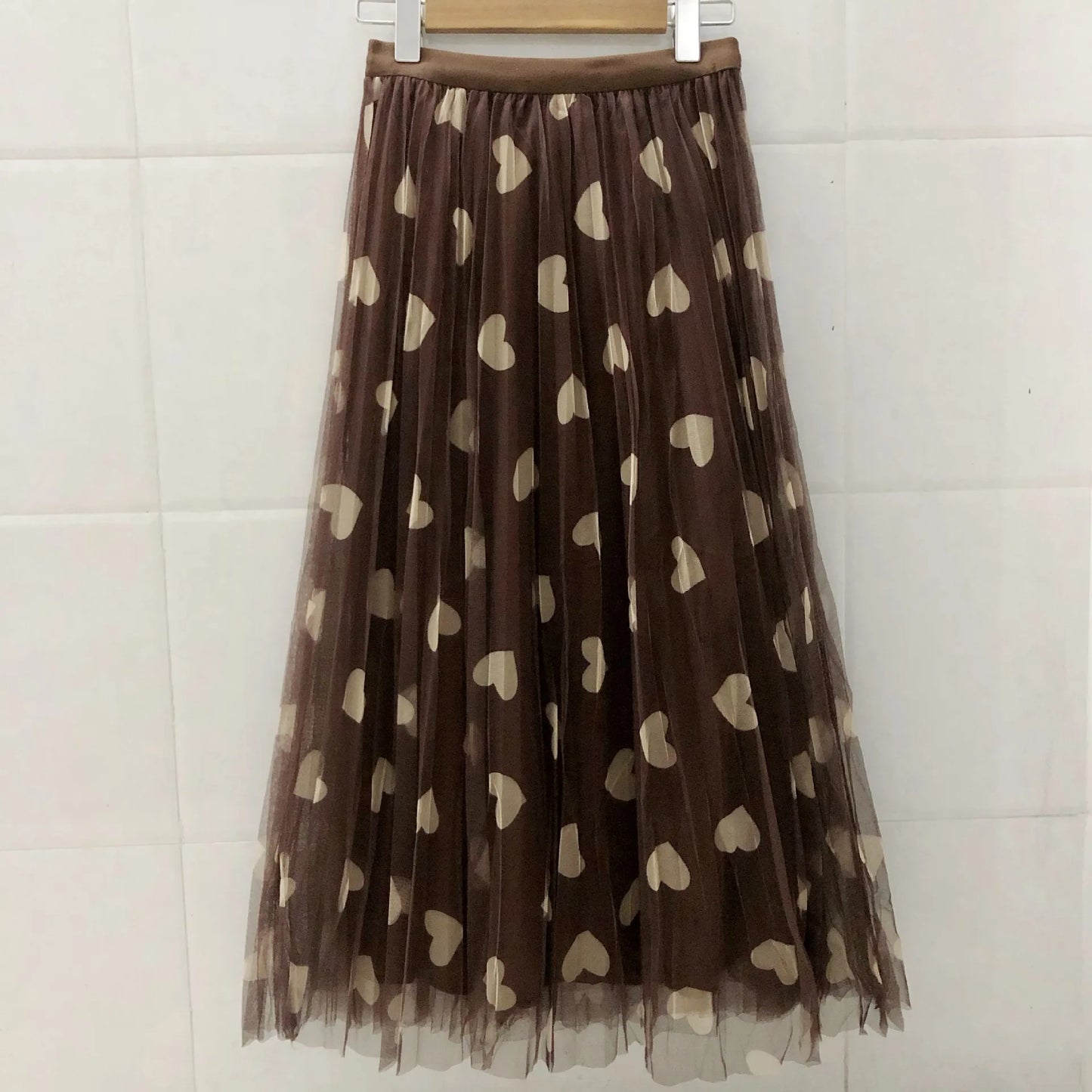 Tulle Maxi Skirt Women Fashion 2022 Spring Summer Heart Print High Waist Pleated Mesh  Long Skirt Female Aesthetic Skirt
