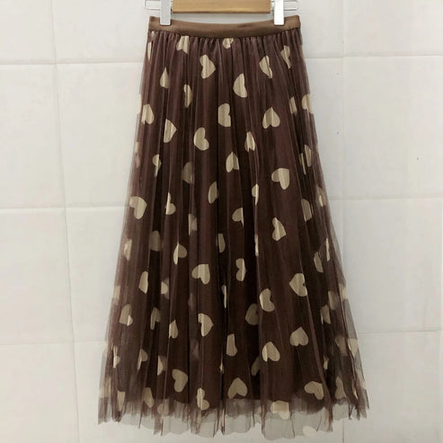 Tulle Maxi Skirt Women Fashion 2022 Spring Summer Heart Print High Waist Pleated Mesh  Long Skirt Female Aesthetic Skirt
