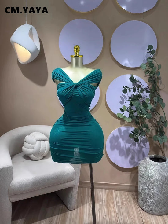 CM.YAYA Women Slash Neck Bodycon See Through Ruched Sexy Mini Dress 2026 Street Short Sleeve Party Cocktail Dresses Vestidos