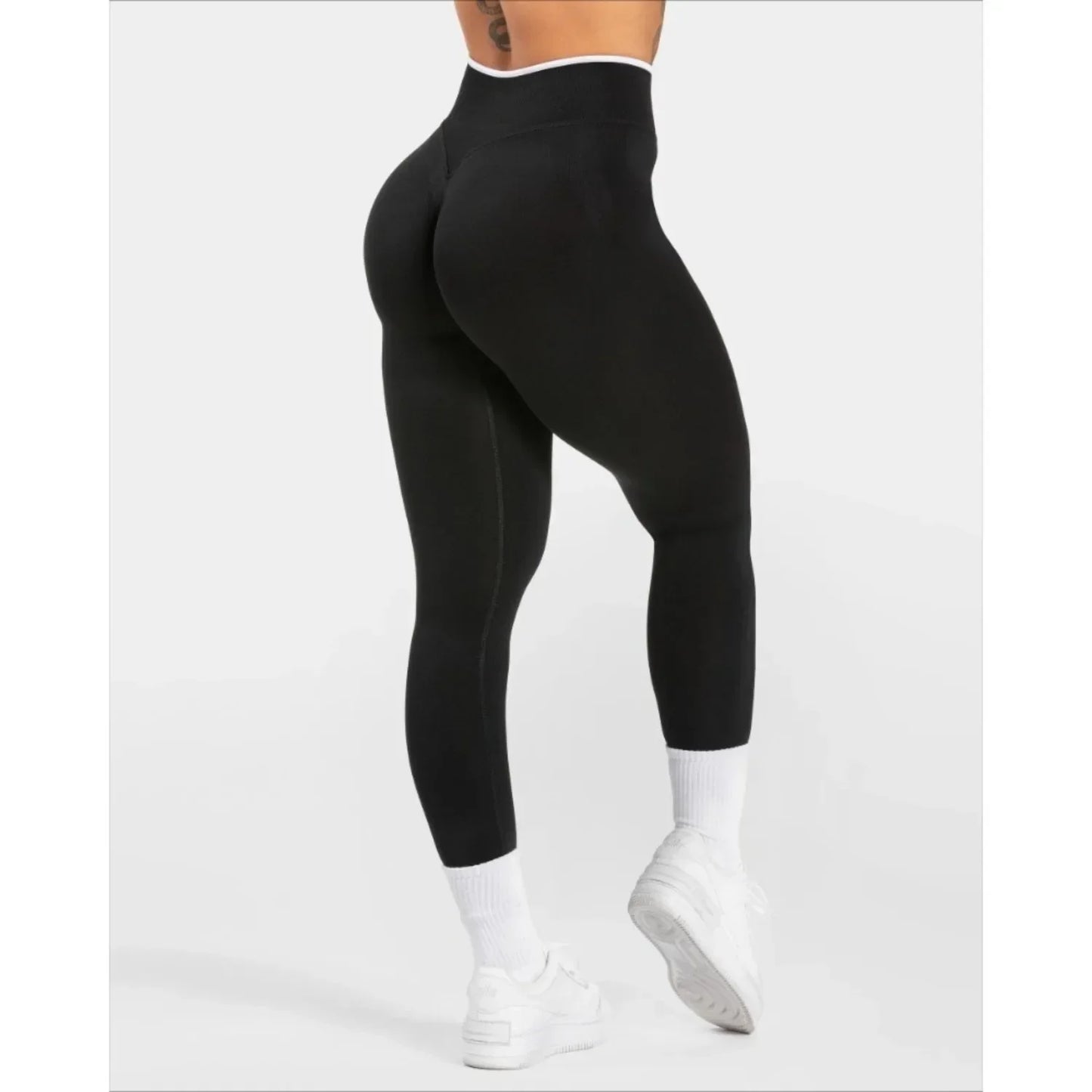 Women's Seamless High Waist Yoga Leggings White Edge Waist Solid Color Hip Lifting Tight Sports Pants for Gym Running Exercise