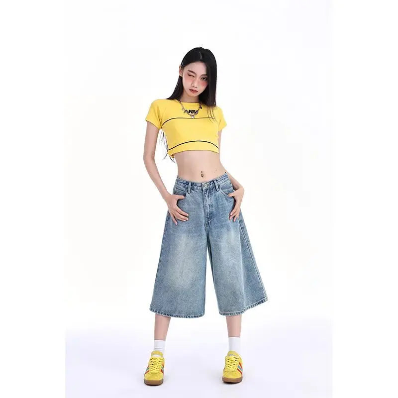 High Waist Wide Leg Seven-Foot Denim Shorts Women's Summer New Style Black Washed Loose Straight Tube Pants Trendy Streetwear