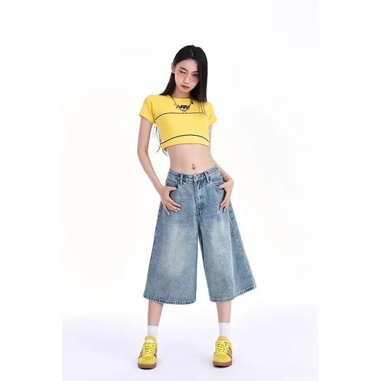 High Waist Wide Leg Seven-Foot Denim Shorts Women's Summer New Style Black Washed Loose Straight Tube Pants Trendy Streetwear