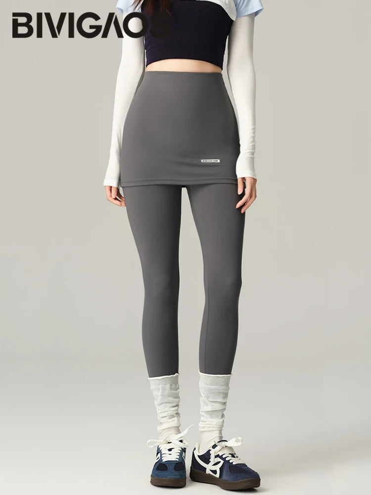 BIVIGAOS New Light Oxygen Leggings Skirts Fake Two-Piece Women High Waist Tight Package Hip Leggings Yoga Sport Fitness Leggings