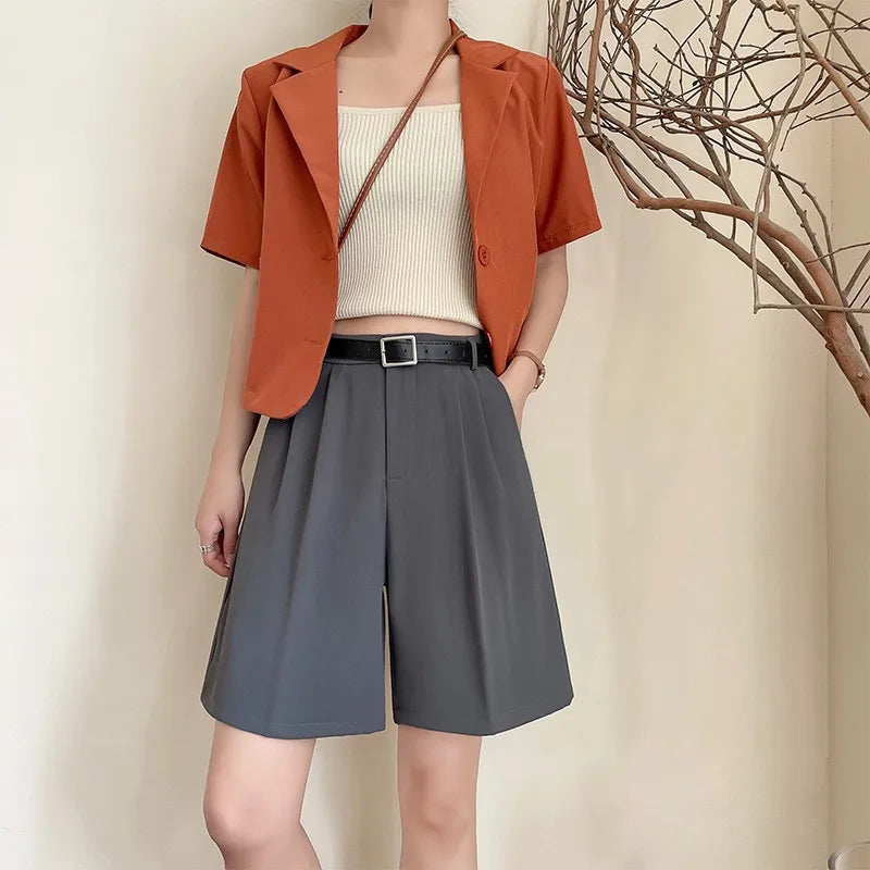 White Suit Shorts Women Summer Thin A-Line Casual Wide Leg High Waist Straight Five Pants