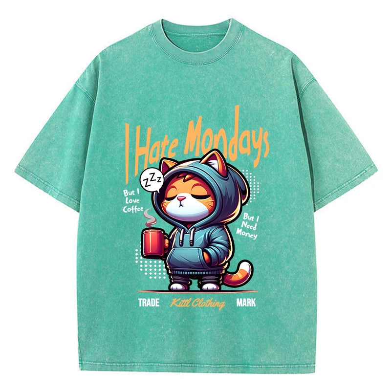 Fashion Woman Washed T-Shirts Cute Cartoons Cat Print Tee Shirts Cotton Distressed Oversize Crewneck Tops Street Female Clothes
