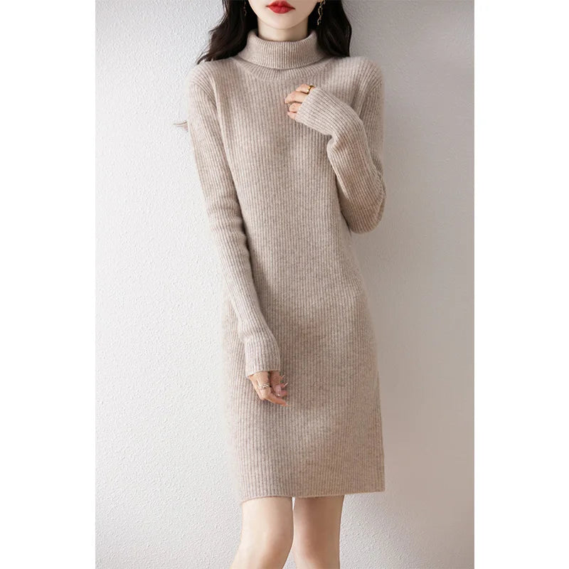 Women's Wool Short Dress Cashmere Turtleneck Pullover Sweater Autumn Winter  100% Merino Wool Knitwear Office Lady Basic Dress