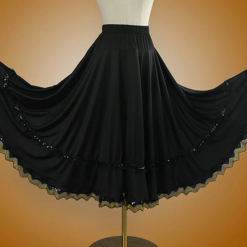 Elegant Square Danc Skirt Women National Style A-line Skirts Sequined Lace Milk Fiber Elastic-Waist Maxi Skirts 3 Kinds Lengths