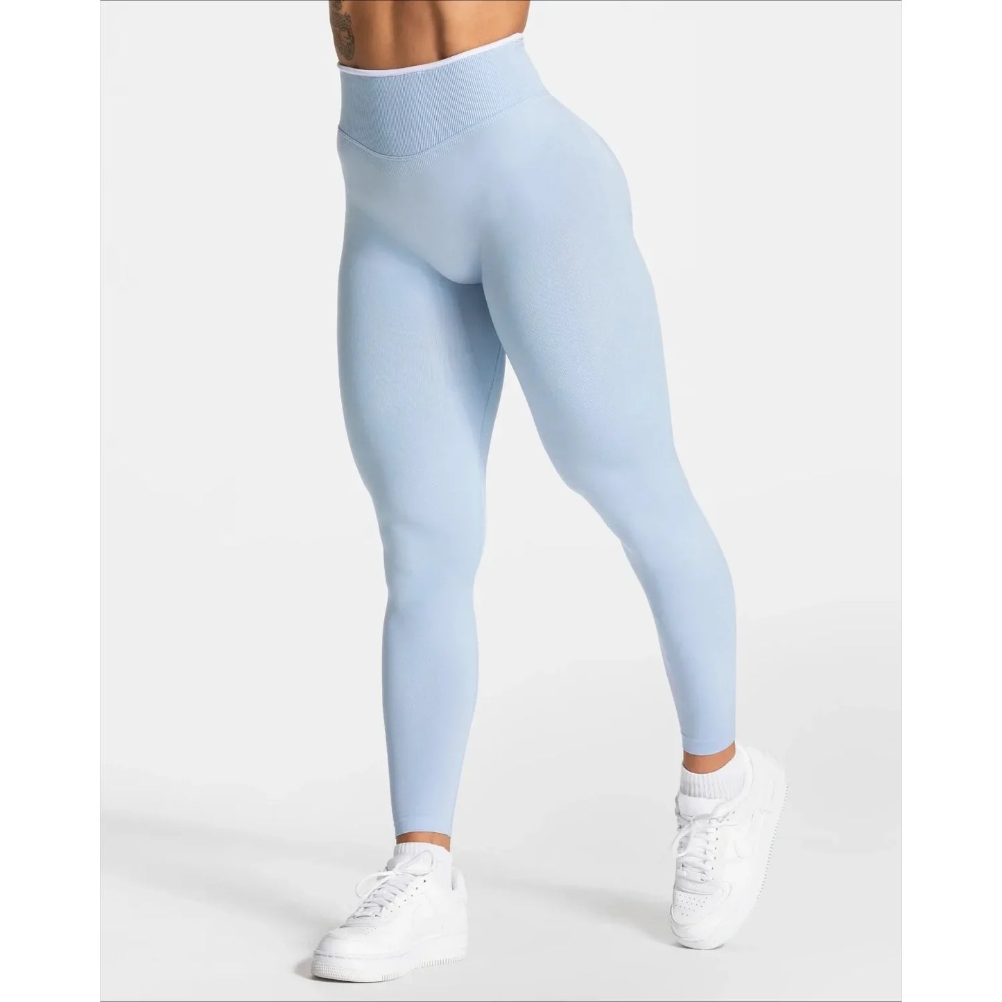 Women's Seamless High Waist Yoga Leggings White Edge Waist Solid Color Hip Lifting Tight Sports Pants for Gym Running Exercise