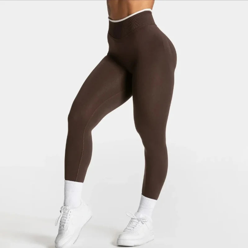 Women's Seamless High Waist Yoga Leggings White Edge Waist Solid Color Hip Lifting Tight Sports Pants for Gym Running Exercise